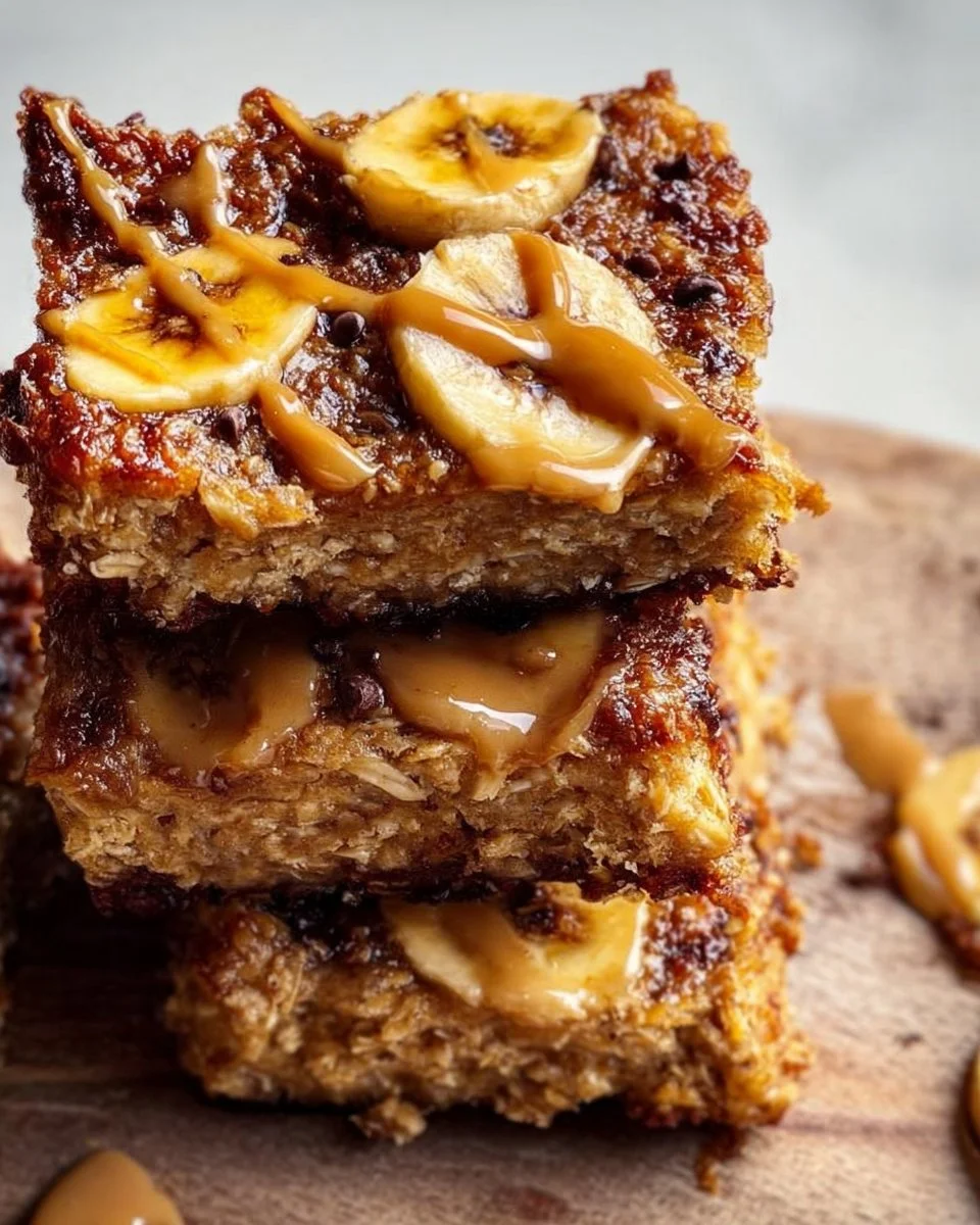 Delicious 4 Ingredient Peanut Butter Banana Bars on a wooden plate