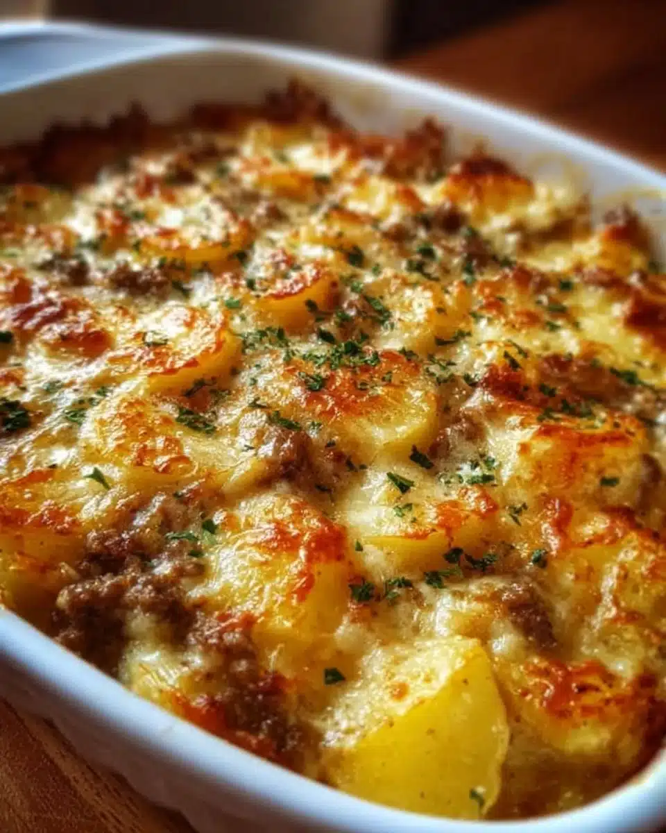 5-Ingredient Hamburger &amp; Potato Casserole served in a baking dish.