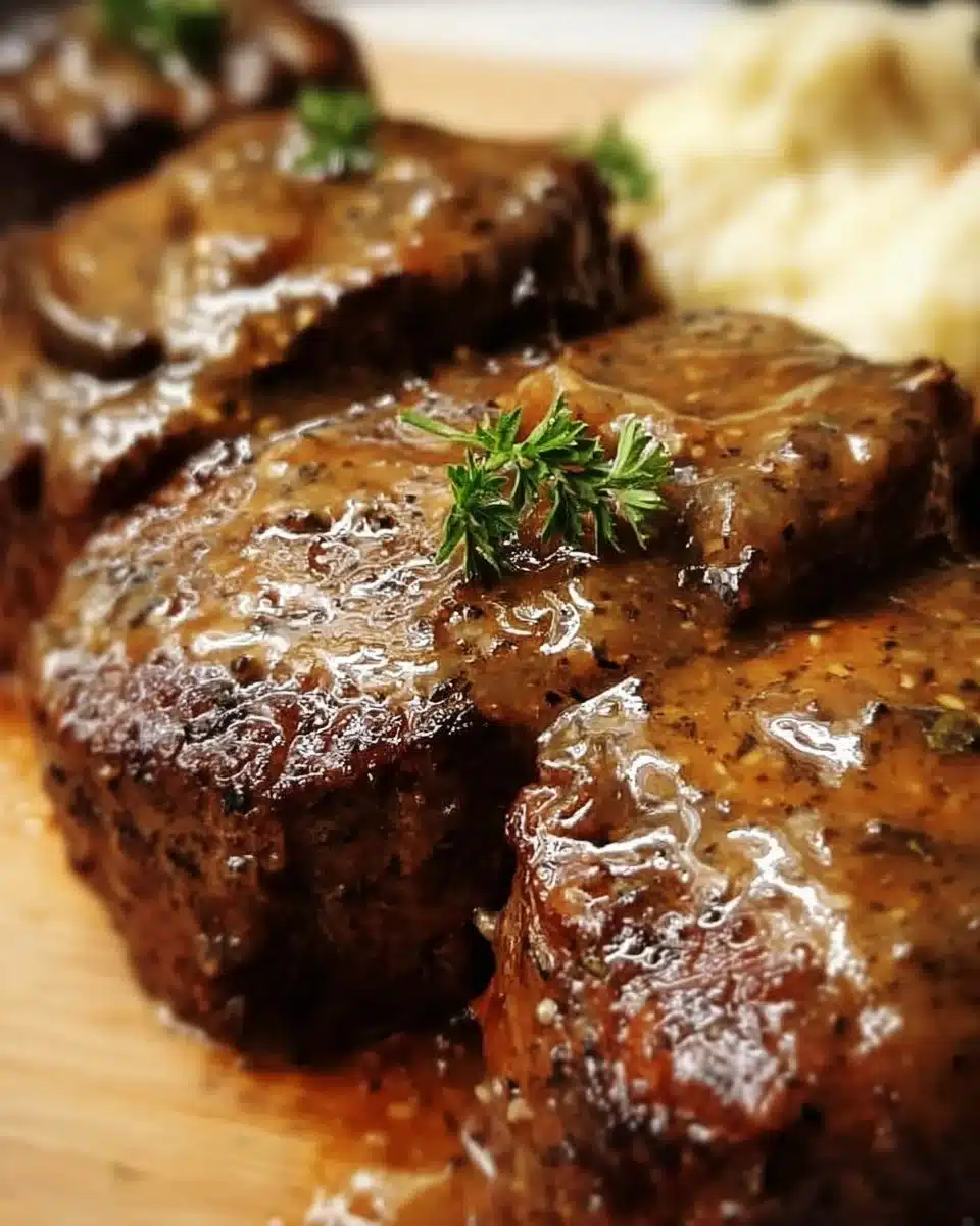 Amish Poor Man's Steak dish served with sides on a rustic table.