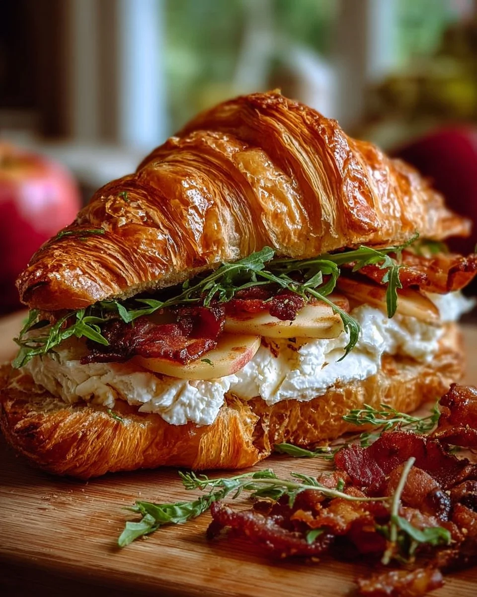 Apple and goat cheese croissant sandwich served on a wooden plate