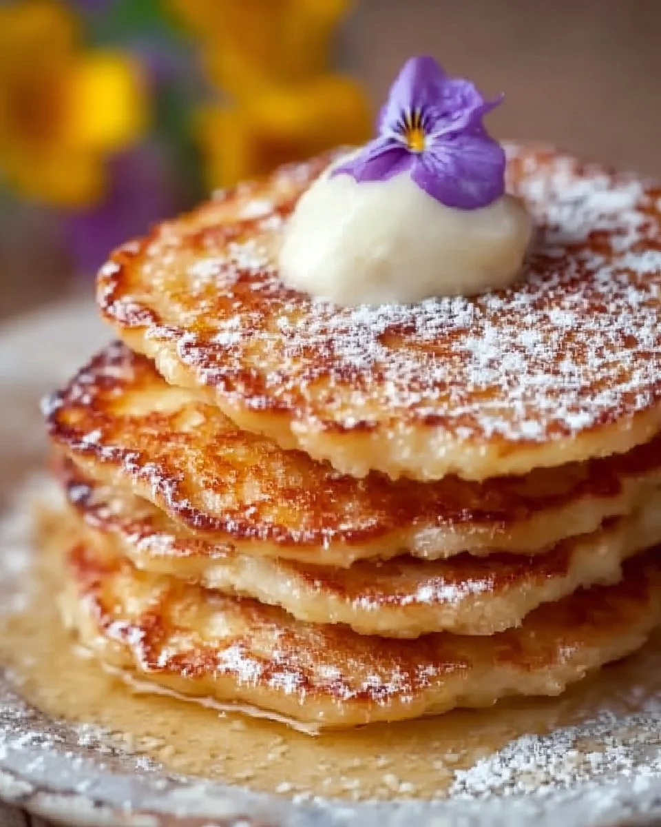 Fluffy apple yogurt pancakes stacked on a plate, topped with fresh apple slices.