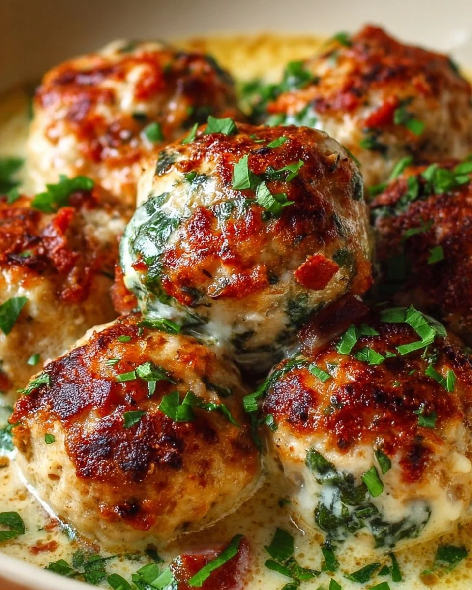 Baked chicken ricotta meatballs served with marinara sauce and parsley.