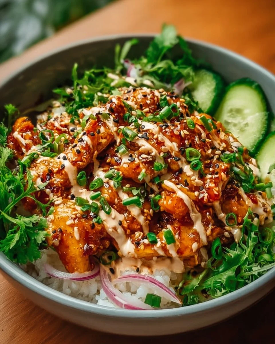 Bang Bang Chicken Bowl with spicy chicken, vegetables, and tasty sauce