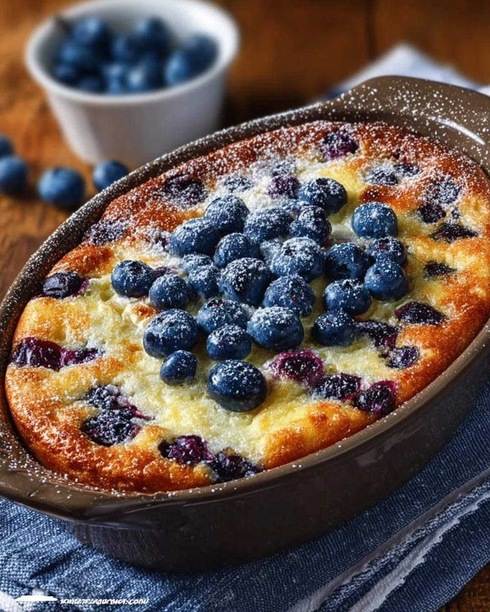 Blueberry Buttermilk Pancake Casserole topped with fresh blueberries and syrup