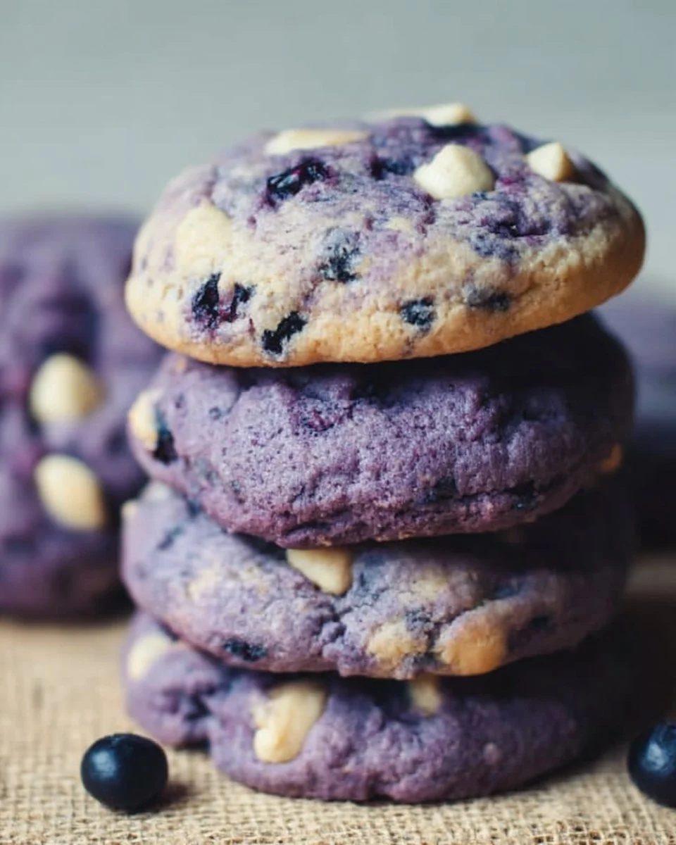 Freshly baked blueberry cookies on a cooling rack, golden brown and delicious.