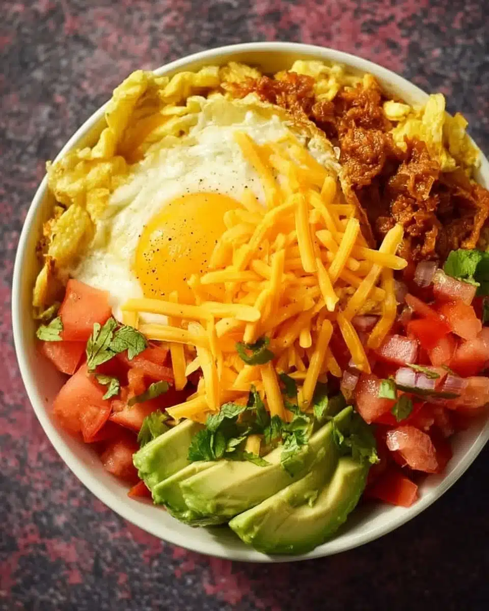 A vibrant breakfast burrito bowl filled with eggs, beans, and fresh vegetables.