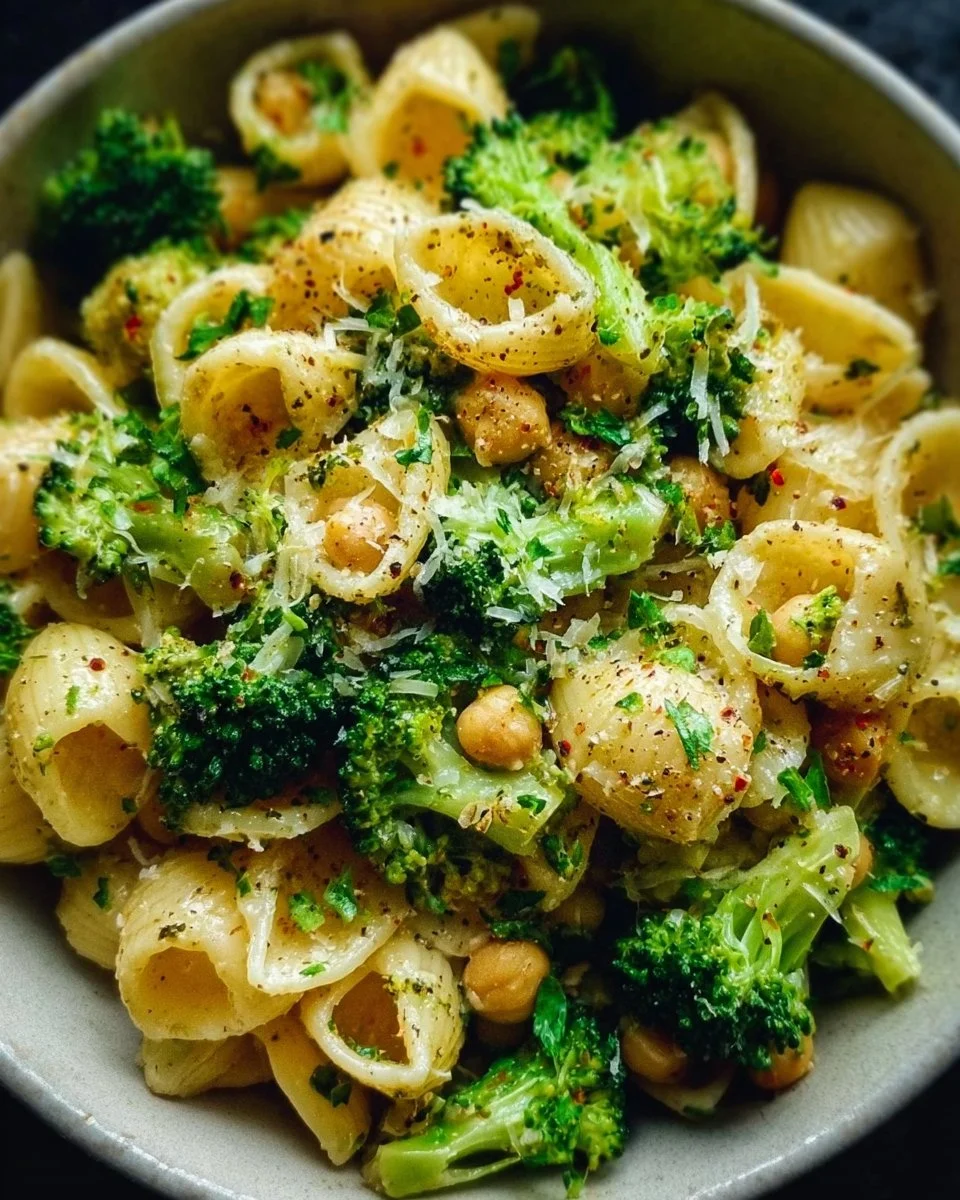 Plate of Broccoli Chickpea Pasta drizzled with Garlic Olive Oil