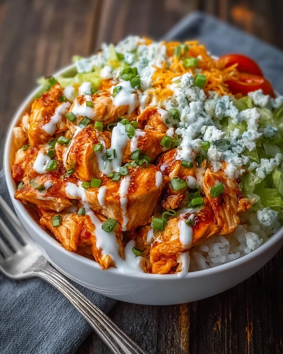 Delicious Buffalo Chicken Bowl topped with fresh ingredients and spicy sauce