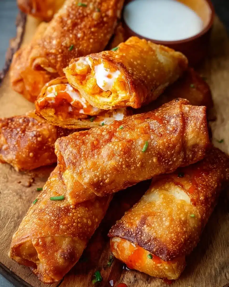 Crispy Buffalo Chicken Egg Rolls served with dipping sauce