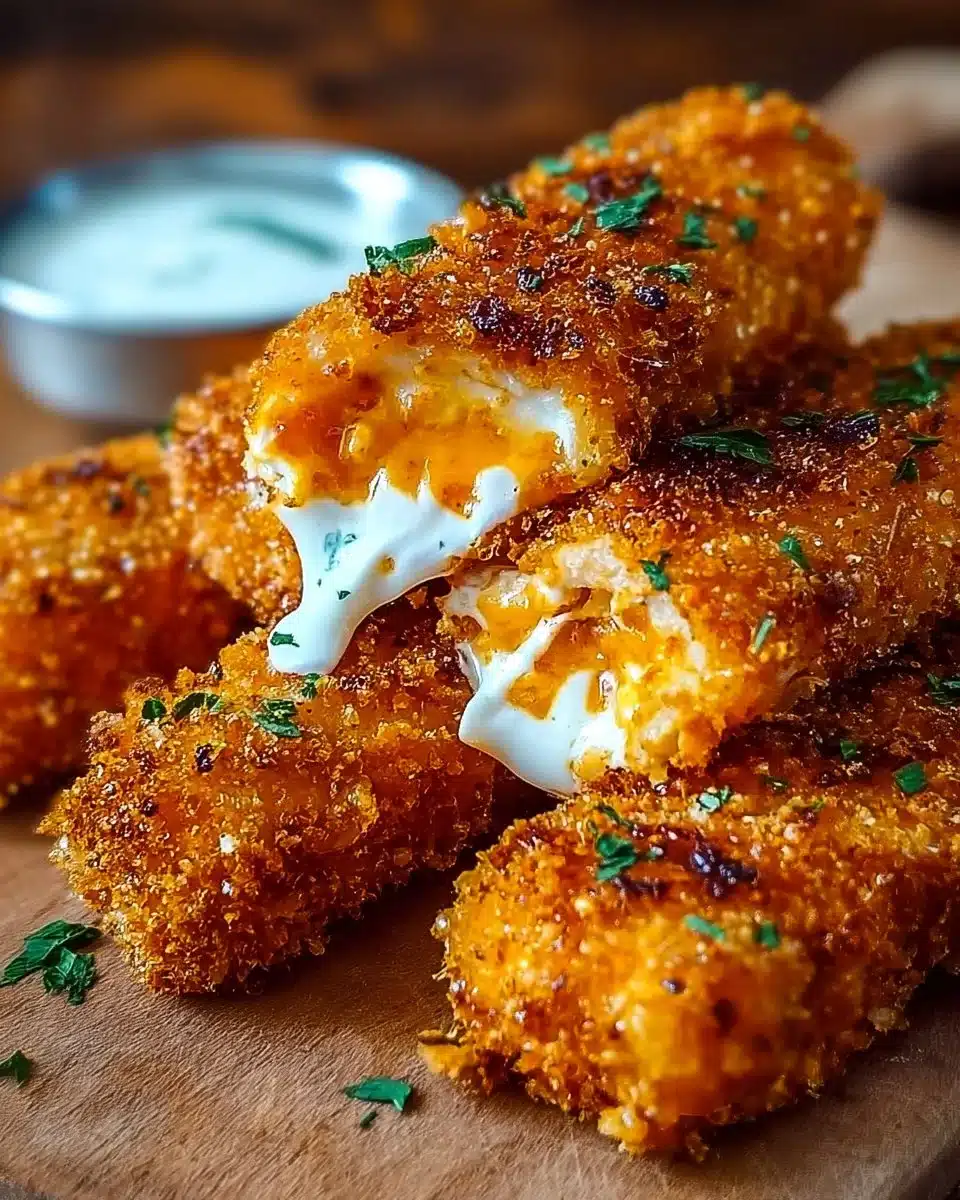 Buffalo Chicken Mozzarella Sticks served as a spicy snack