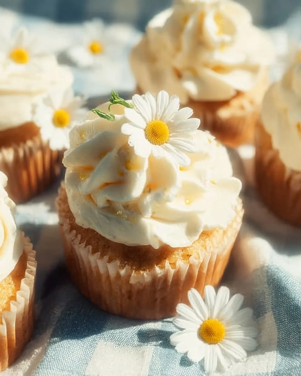 Delicious chamomile cupcakes topped with creamy frosting and chamomile sprigs.