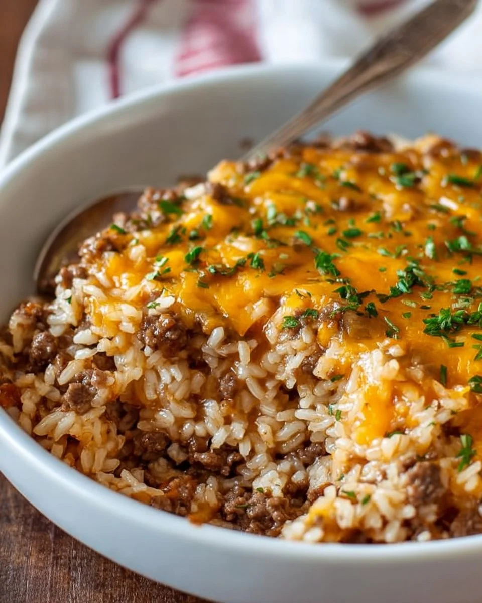 Cheesy ground beef and rice casserole in a baking dish, garnished with green herbs.