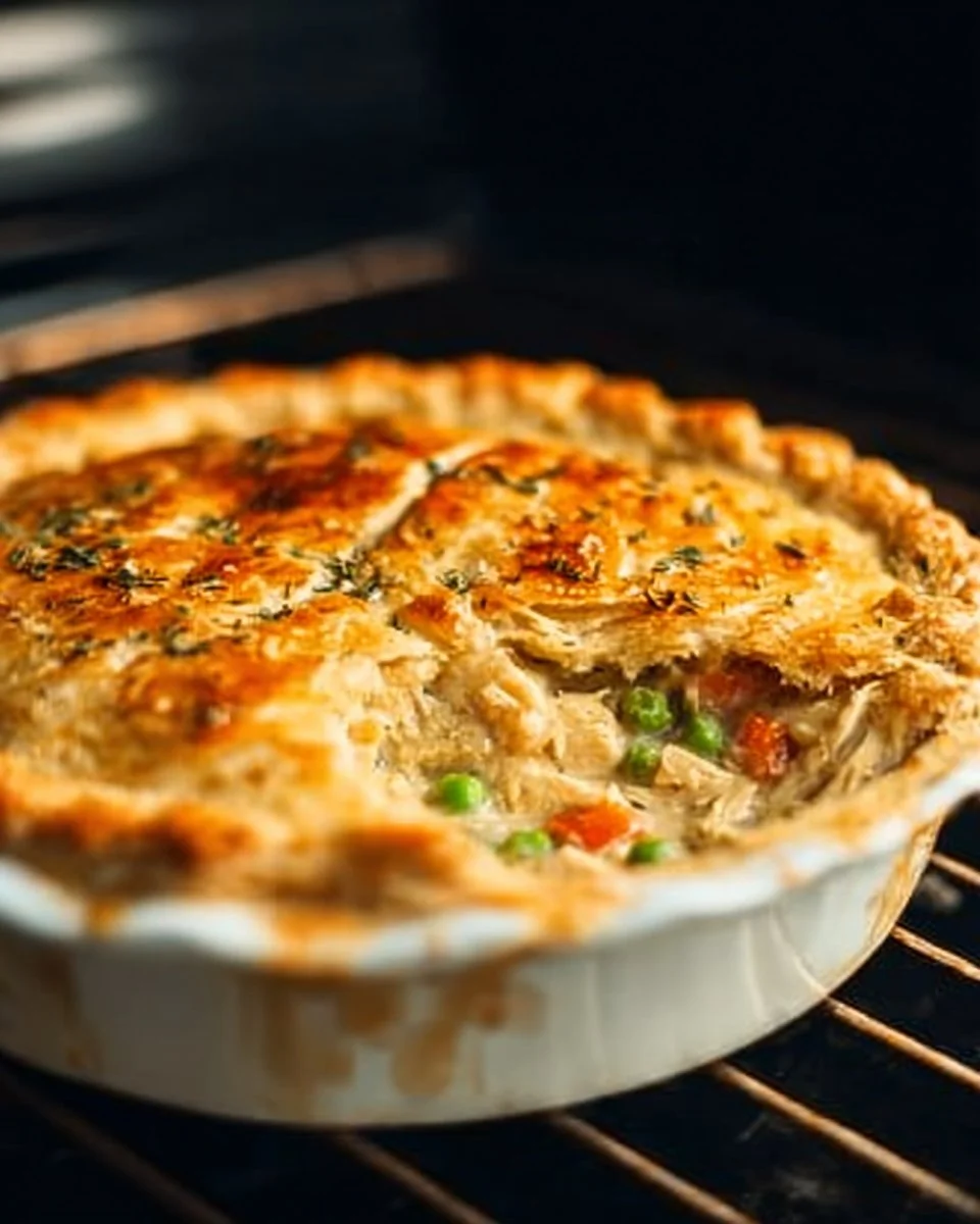 Homemade chicken pot pie fresh out of the oven, golden crust and savory filling.