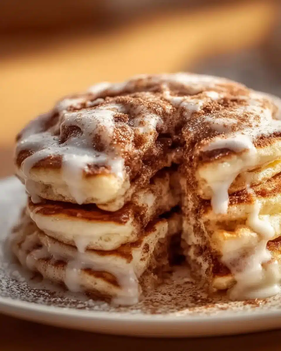 Delicious cinnamon roll pancakes drizzled with icing, perfect for brunch.