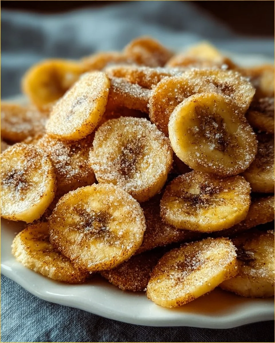 Bowl of cinnamon-sugar air fryer banana chips on a wooden table