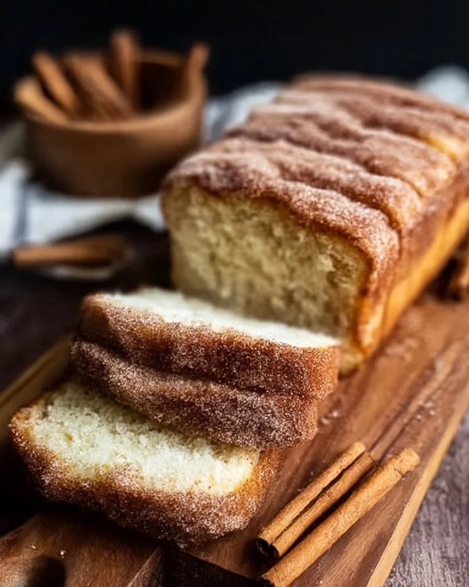 Freshly baked cinnamon sugar donut bread topped with a sweet glaze