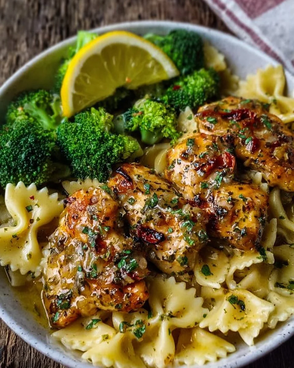 Cowboy Butter Lemon Bowtie Chicken served with broccoli on a plate