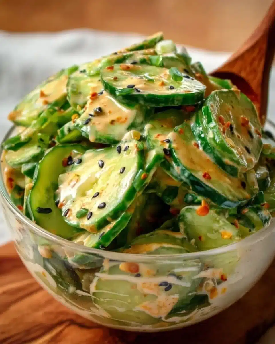 Creamy Asian cucumber salad bowl with fresh ingredients and vibrant colors