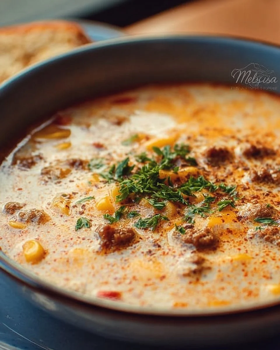 Creamy Cowboy Soup in a bowl with fresh herbs and ingredients