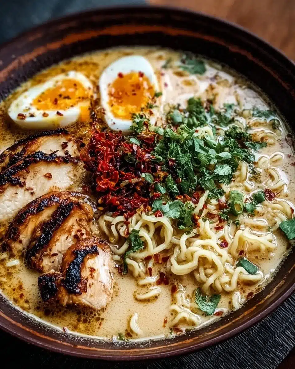 Bowl of creamy garlic chicken ramen topped with green onions and sesame seeds