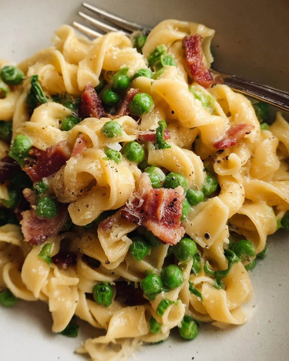 Bowl of creamy pea and pancetta pasta garnished with fresh herbs.