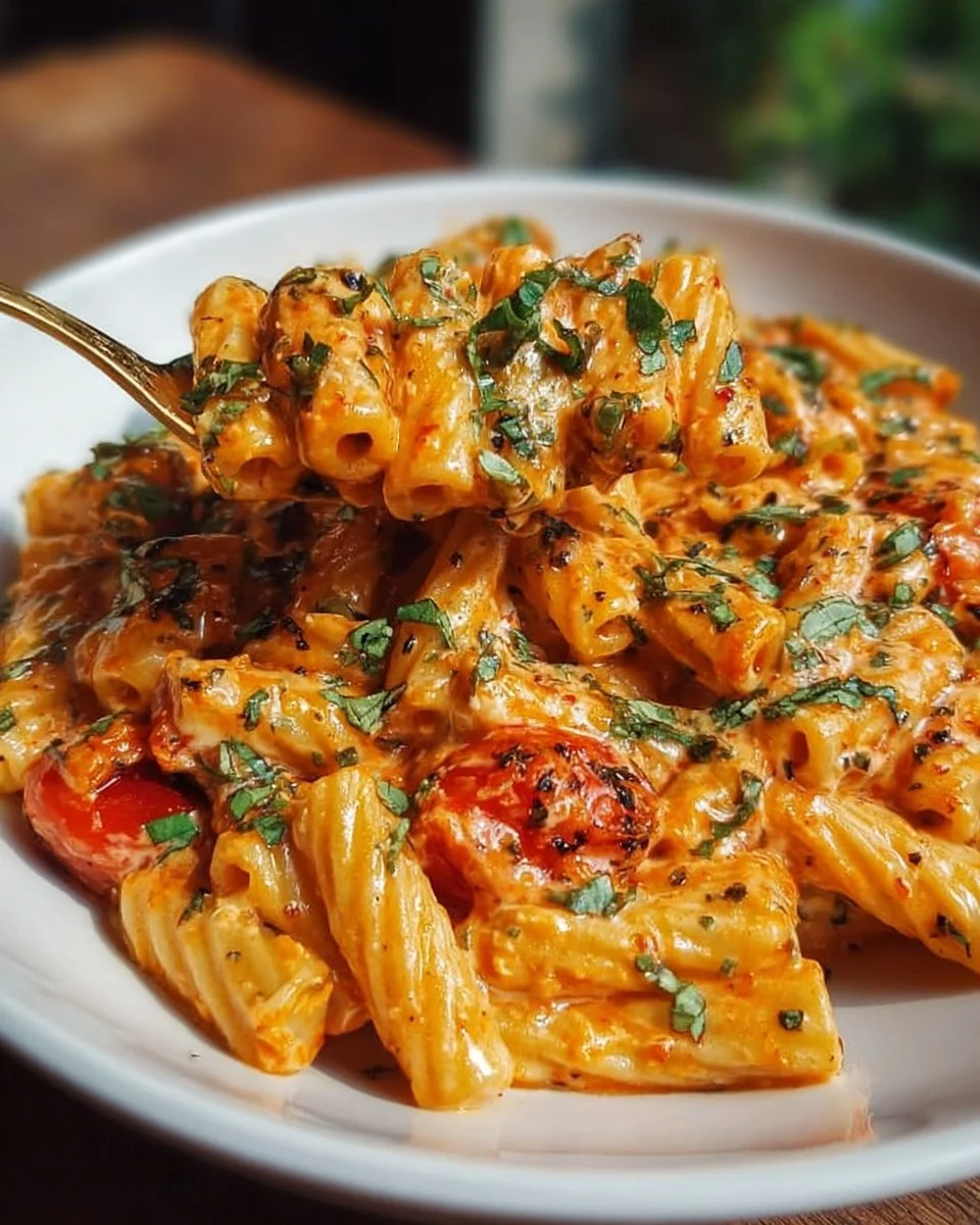 Creamy tomato garlic pasta dish garnished with herbs and cheese