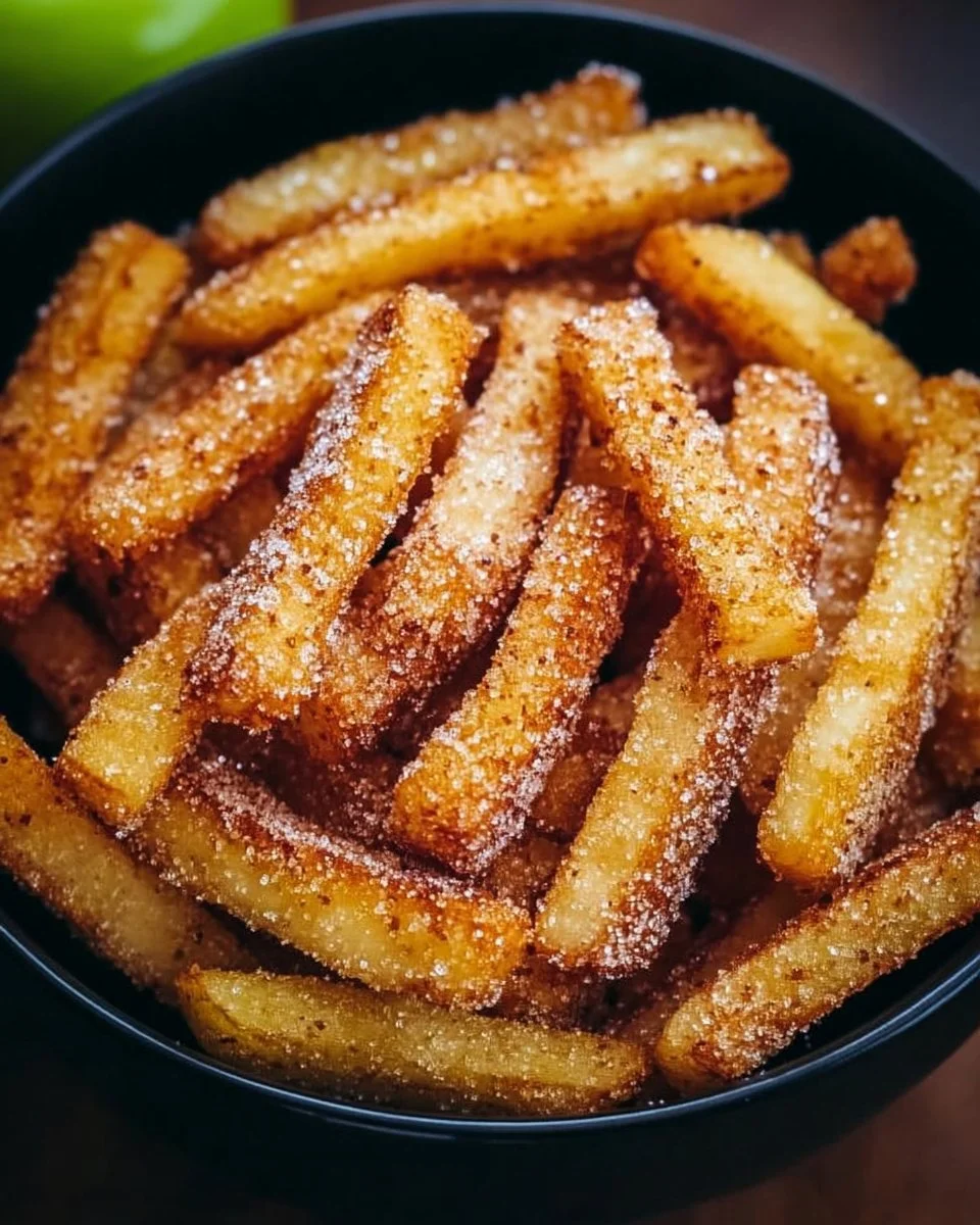 Crispy air fryer apple fries served on a plate with a dip