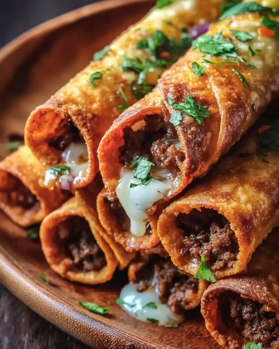 Golden brown crispy cheesy beef taquitos garnished with cilantro
