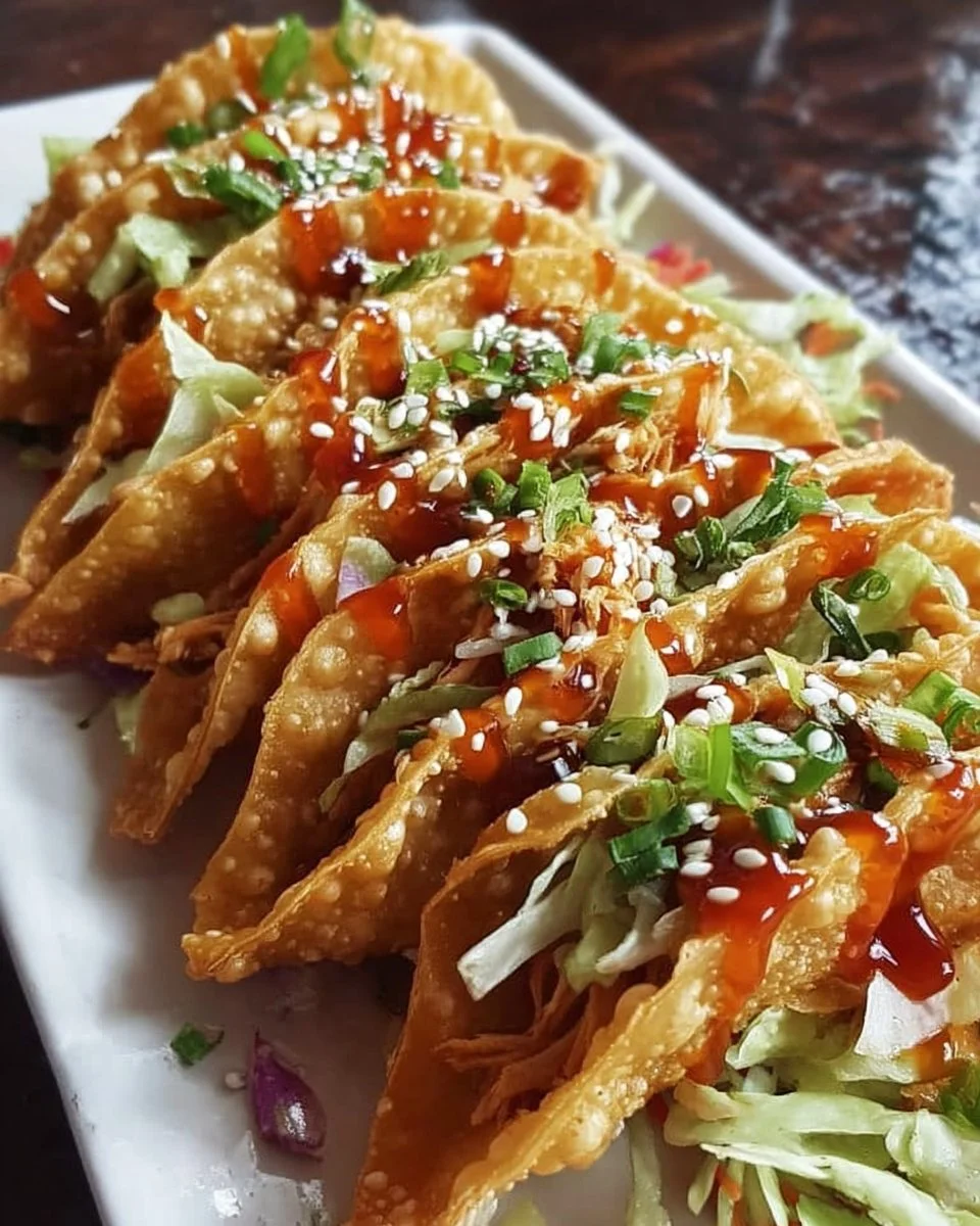 Crispy chicken wonton tacos served with fresh toppings and dipping sauce.
