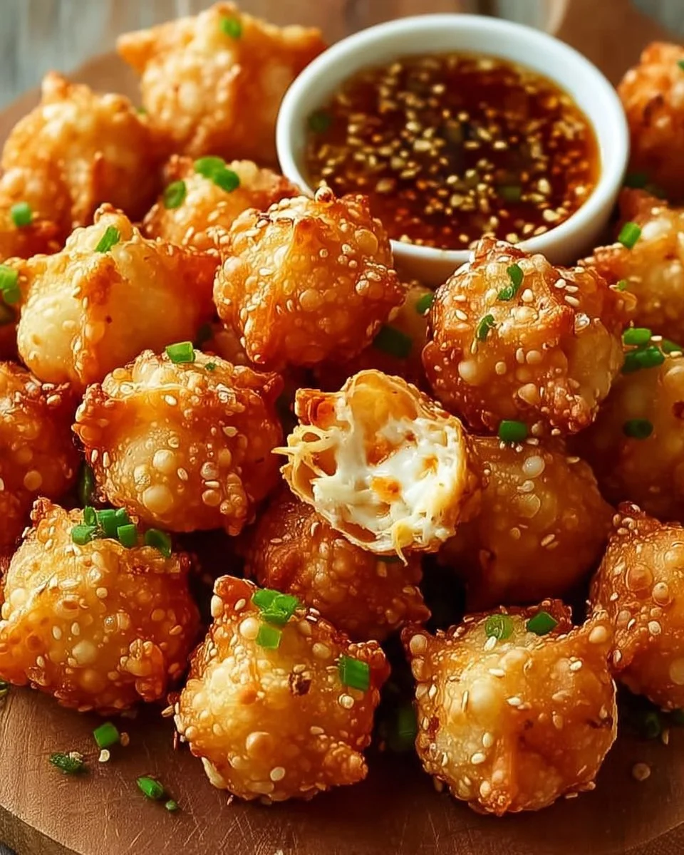 Crispy crab rangoon bombs served on a platter at a gathering