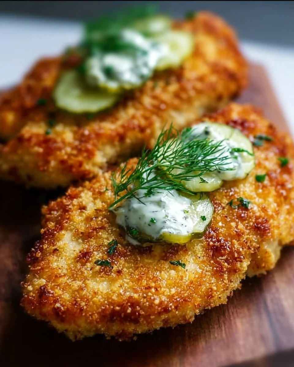 Crispy Dill Pickle Parmesan Chicken garnished with dill and served on a plate.
