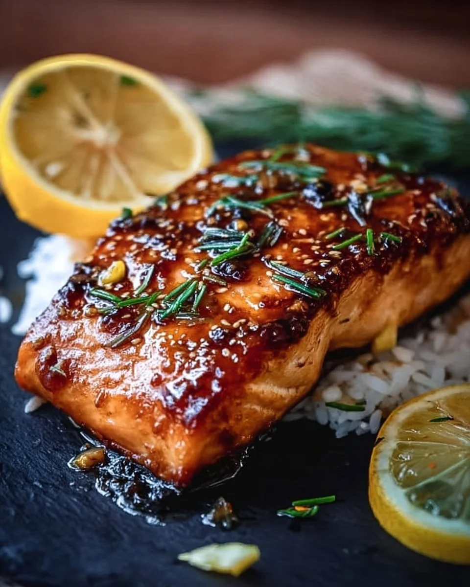 Crispy honey garlic glazed salmon garnished with herbs on a plate