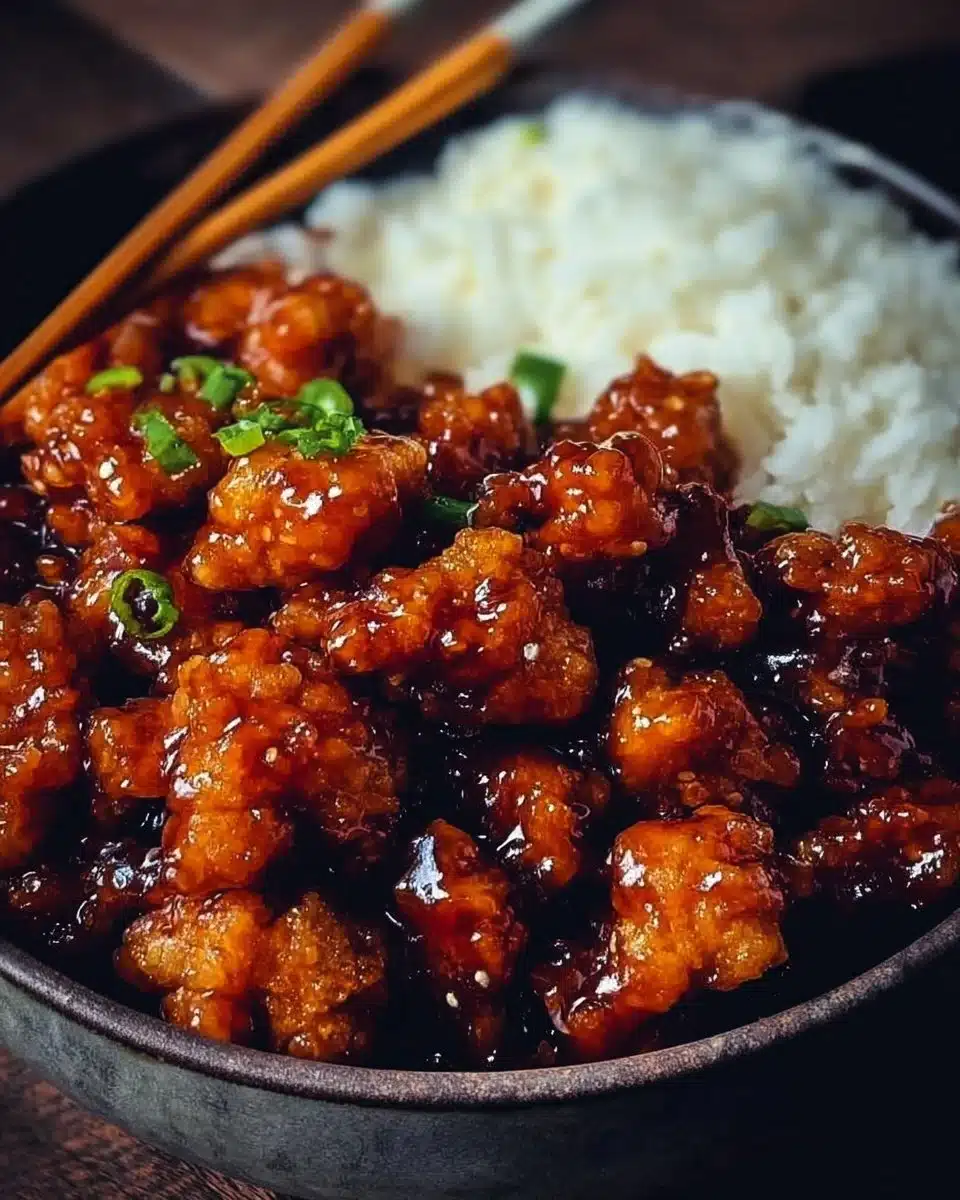 Delicious crispy orange chicken served with vibrant sauce and garnished.