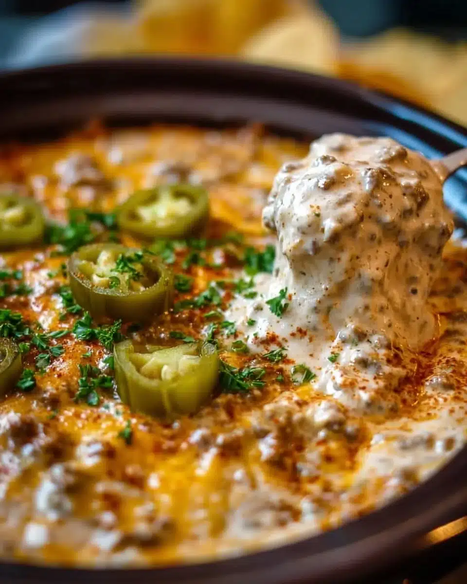 Delicious Crockpot Big Mac Dip ready for serving at a party