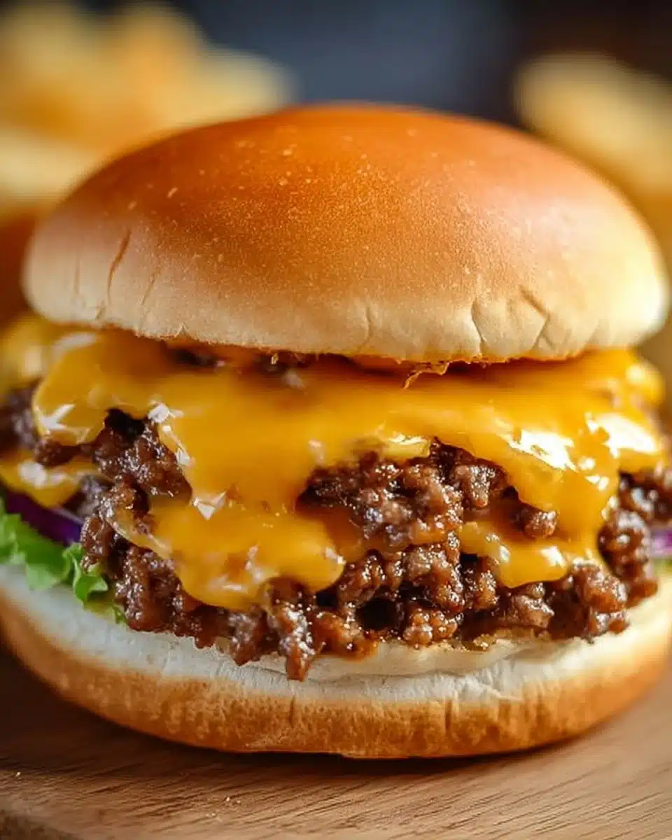 Delicious crockpot cheeseburgers cooking in a slow cooker.