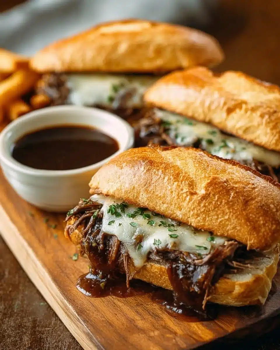 Crockpot French Dip Sandwiches served with dipping sauce