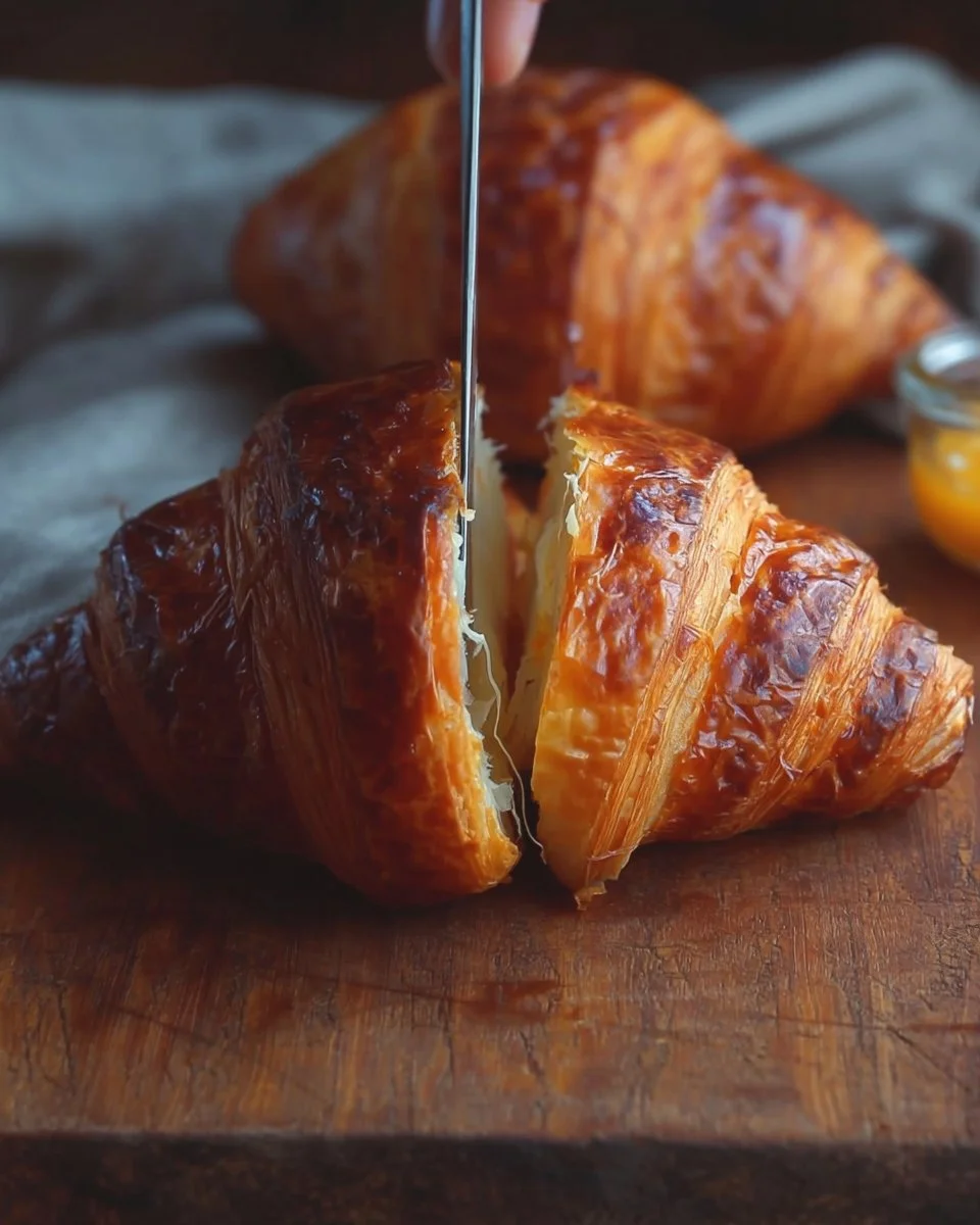 Freshly baked homemade croissants with a flaky, golden crust.