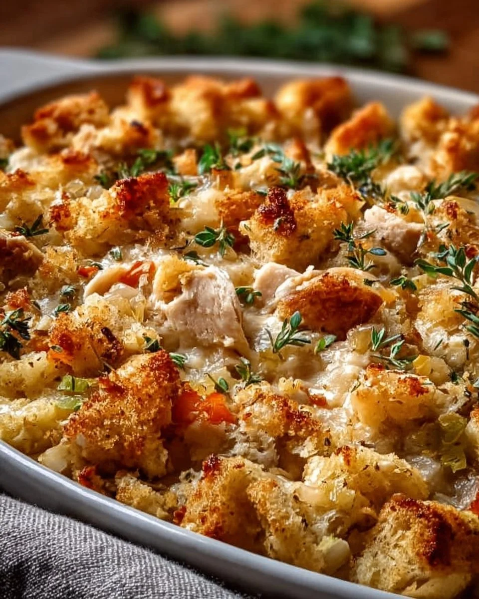 Delicious Dolly’s Chicken and Stuffing Casserole served in a baking dish