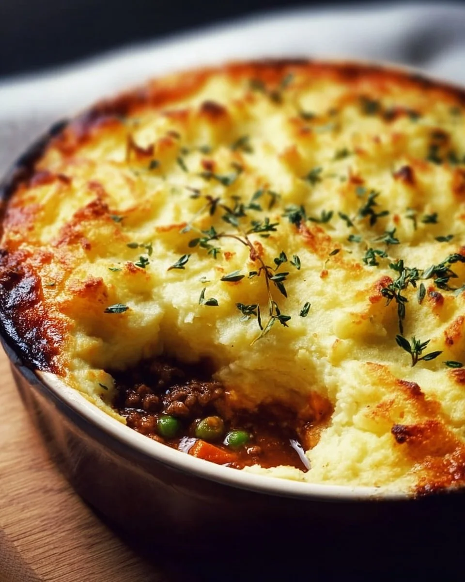 Delicious homemade Shepherd's Pie served in a rustic dish