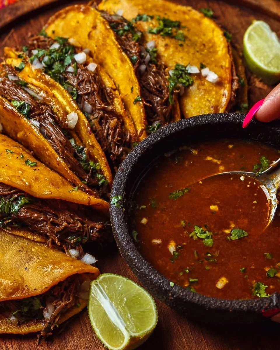 Delicious birria tacos served with consomé and fresh toppings