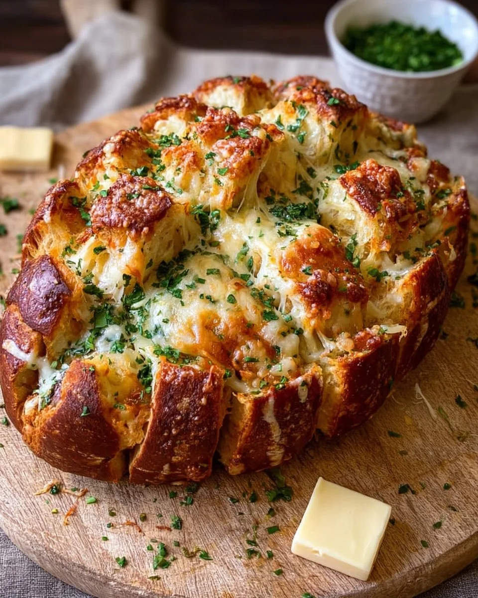 Football shaped cheesy stuffed garlic pull apart bread ready to be enjoyed