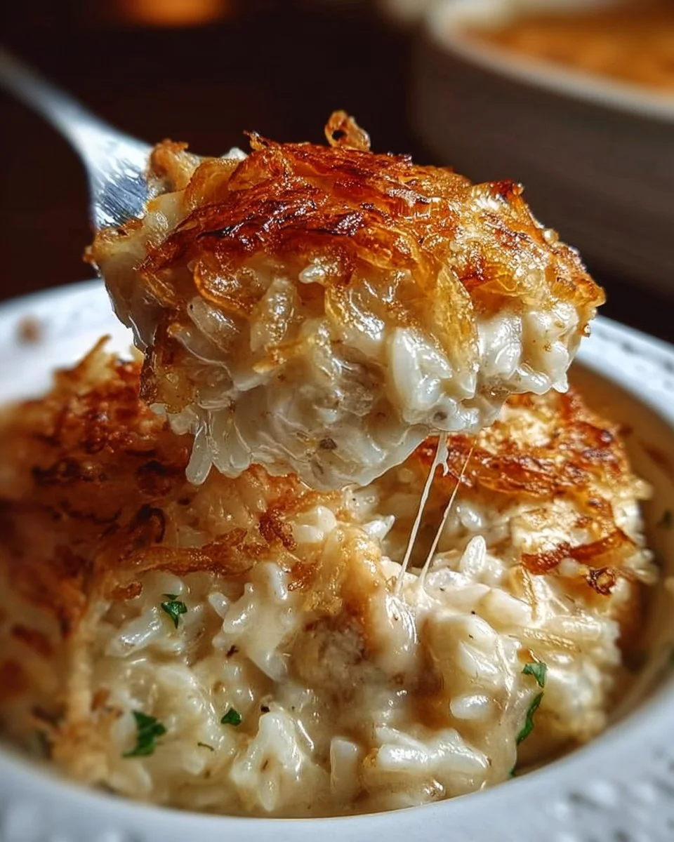 French onion chicken rice bake dish, garnished and ready to serve