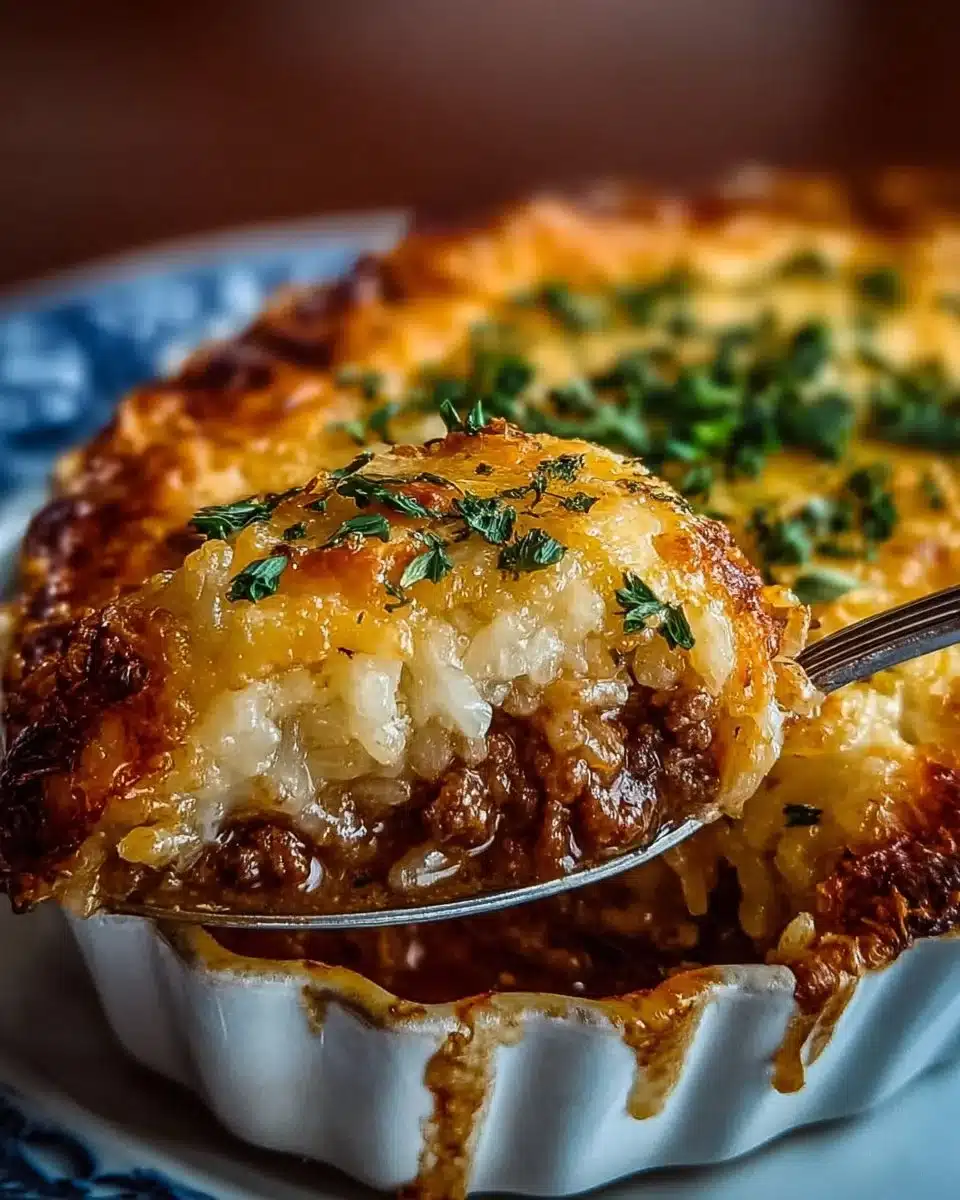 Delicious French Onion Ground Beef and Rice Casserole fresh out of the oven