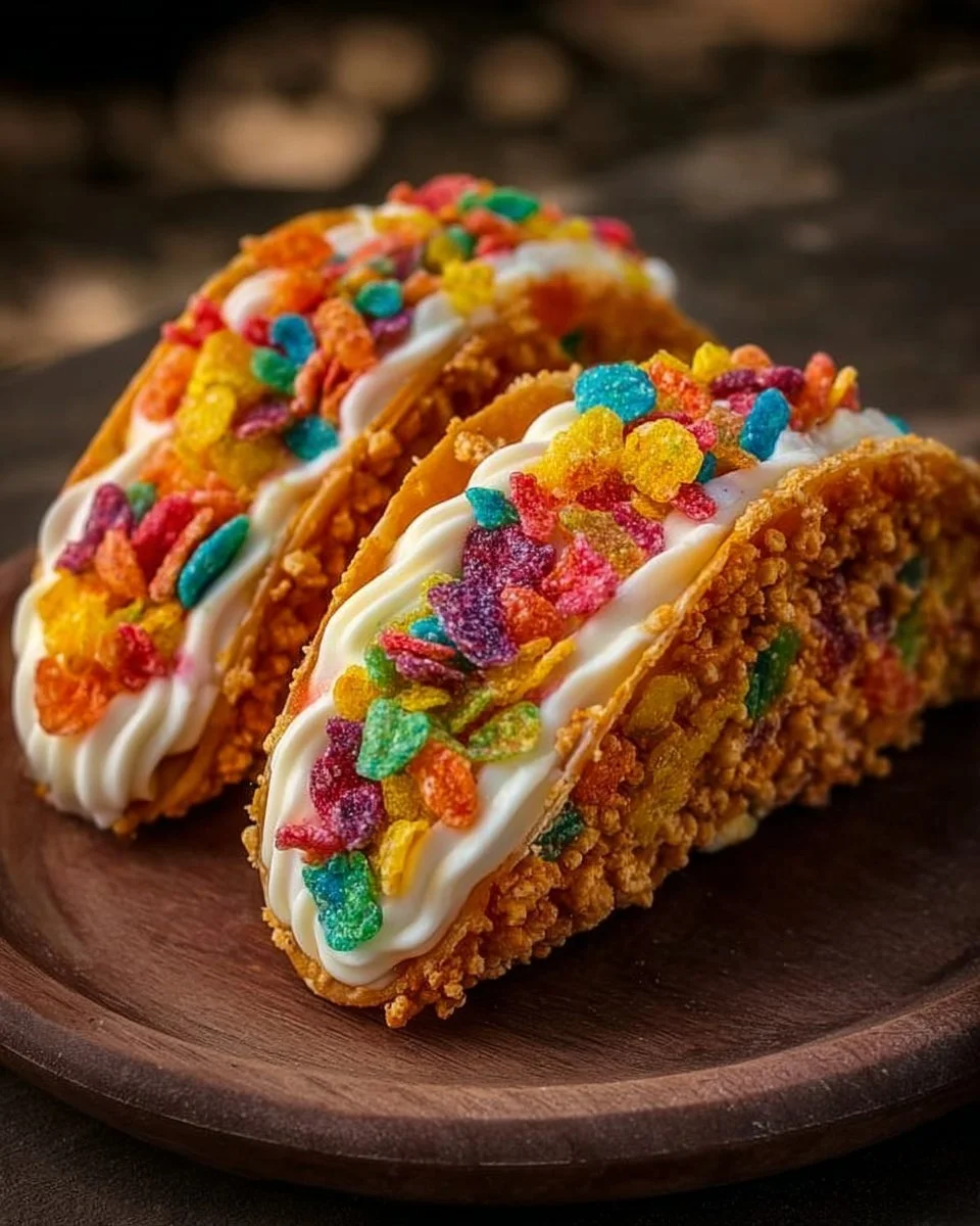 Fruity Pebbles Cheesecake Tacos topped with colorful cereal