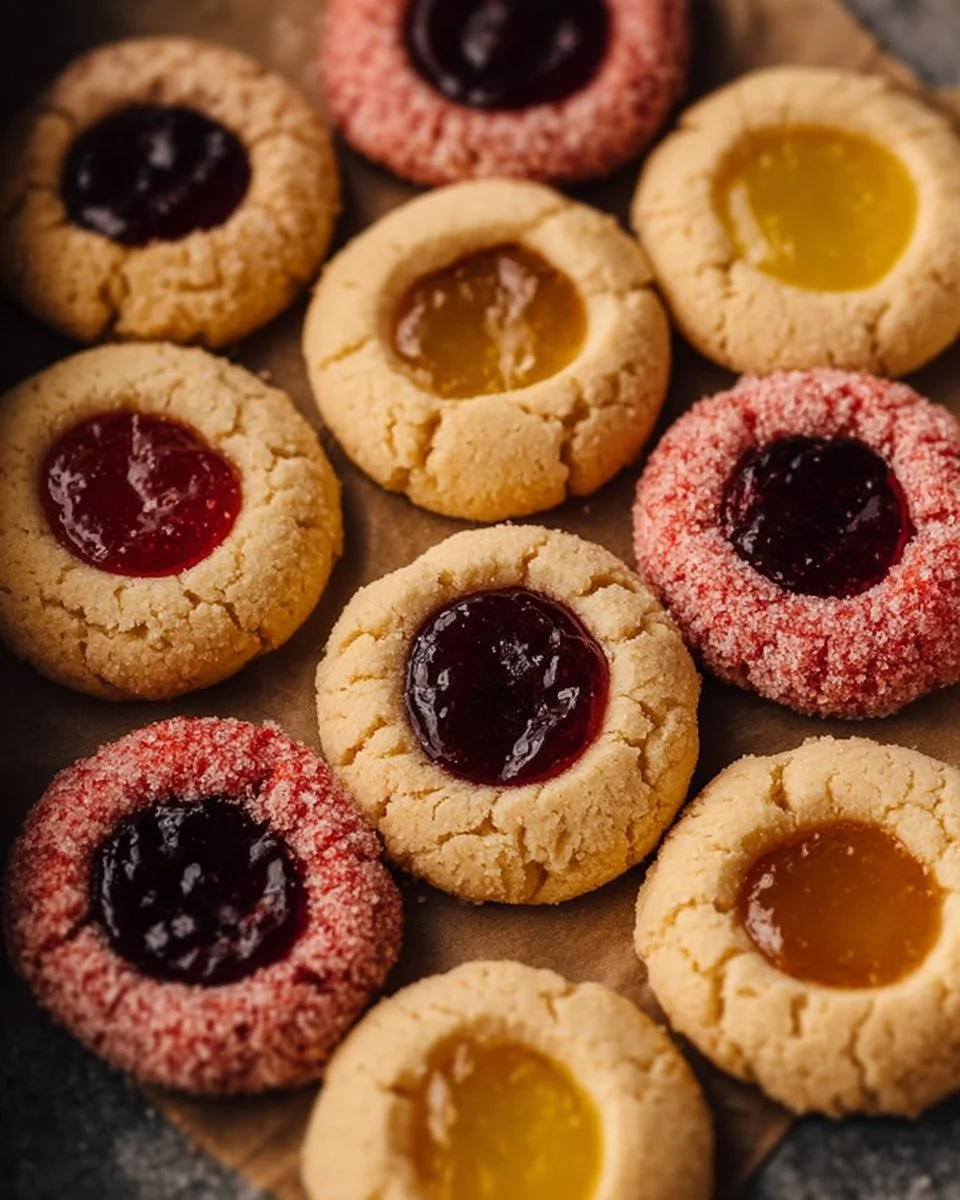 Baked fruity thumbprint cookies filled with colorful jam on a baking tray