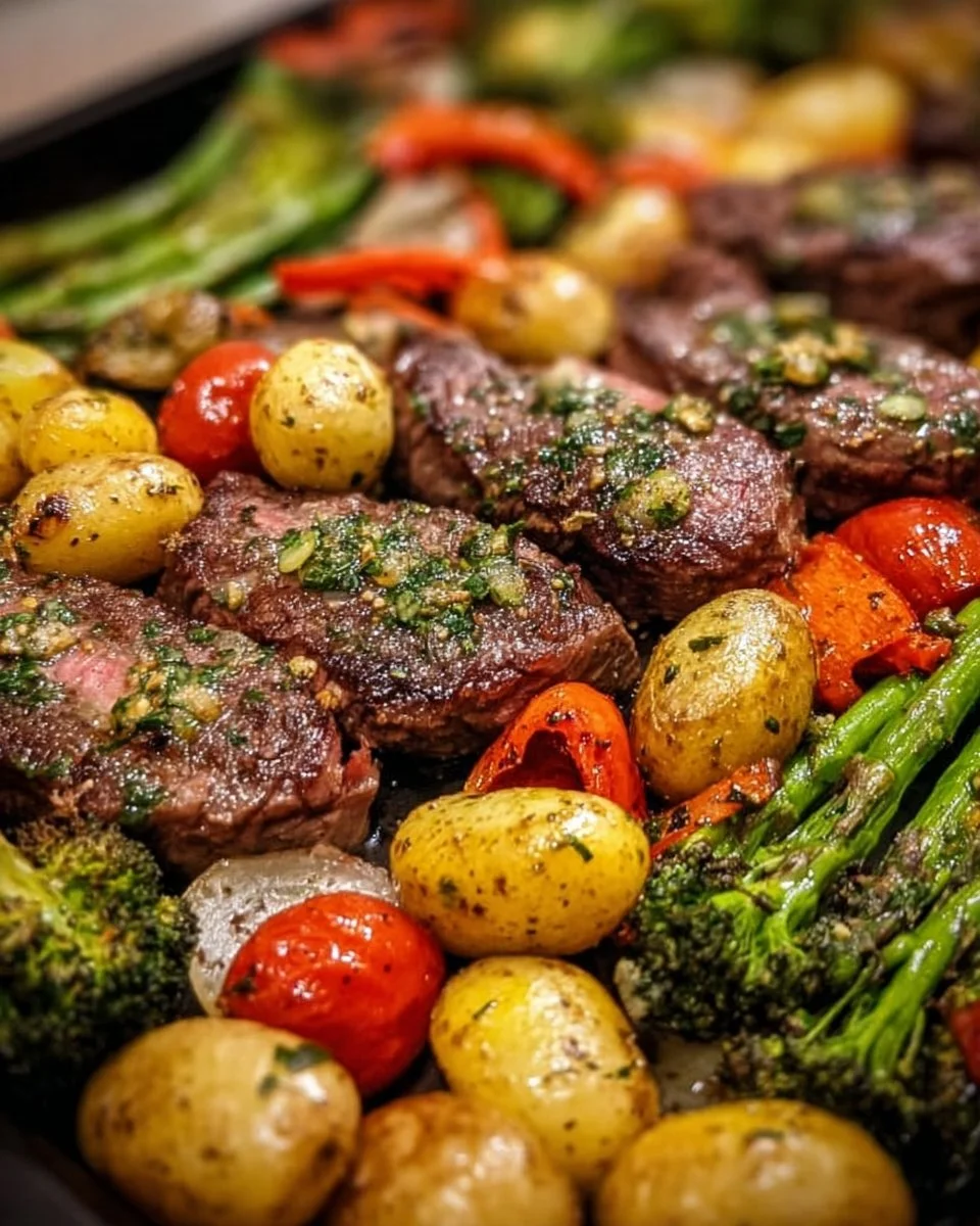 Garlic Butter Steak with roasted veggies on a sheet pan