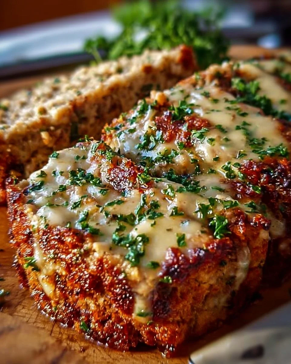 Garlic Parmesan Chicken Meatloaf served on a plate with herbs