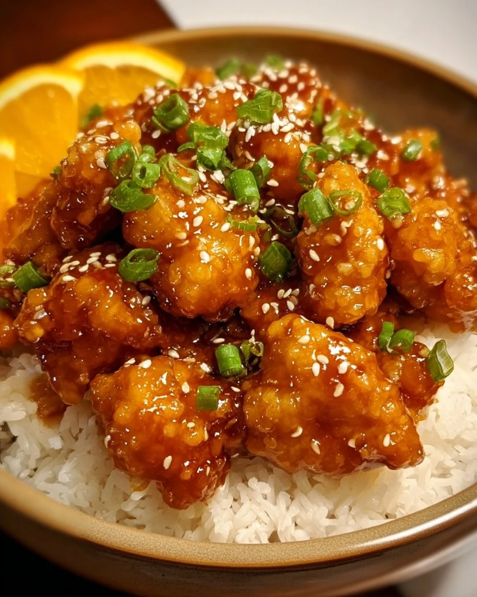 Gluten-free orange chicken served with steamed rice and vegetables