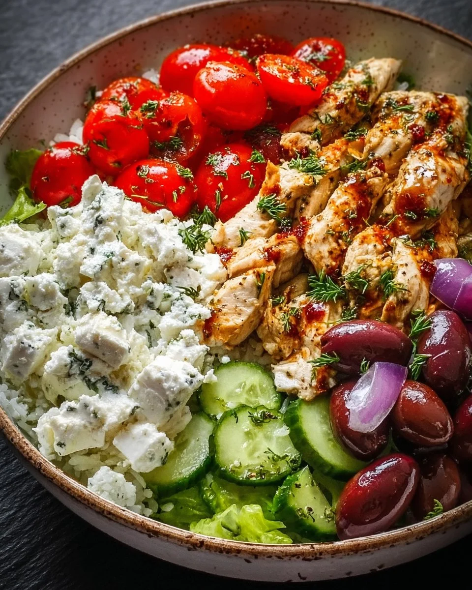 Delicious Greek Chicken Bowl with fresh vegetables and feta cheese.