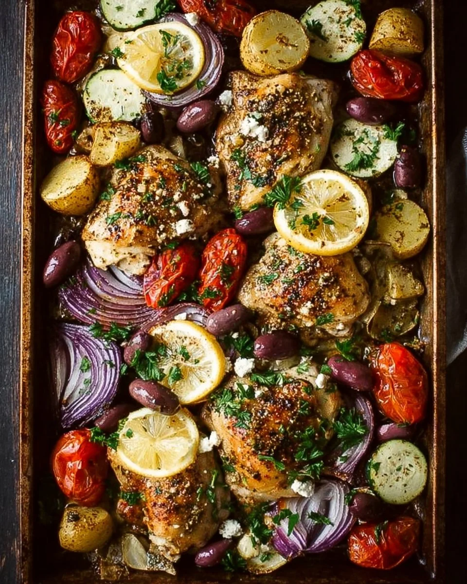 Baked Greek Sheet Pan Chicken with vegetables and herbs, ready to serve.